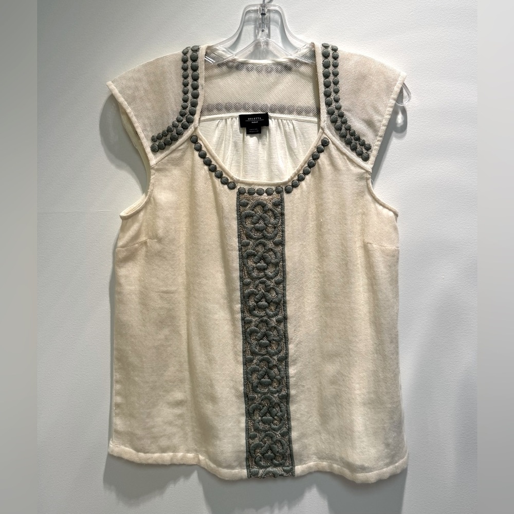 Anthropologie Deletta Cream and Green Embellished Women's Top
